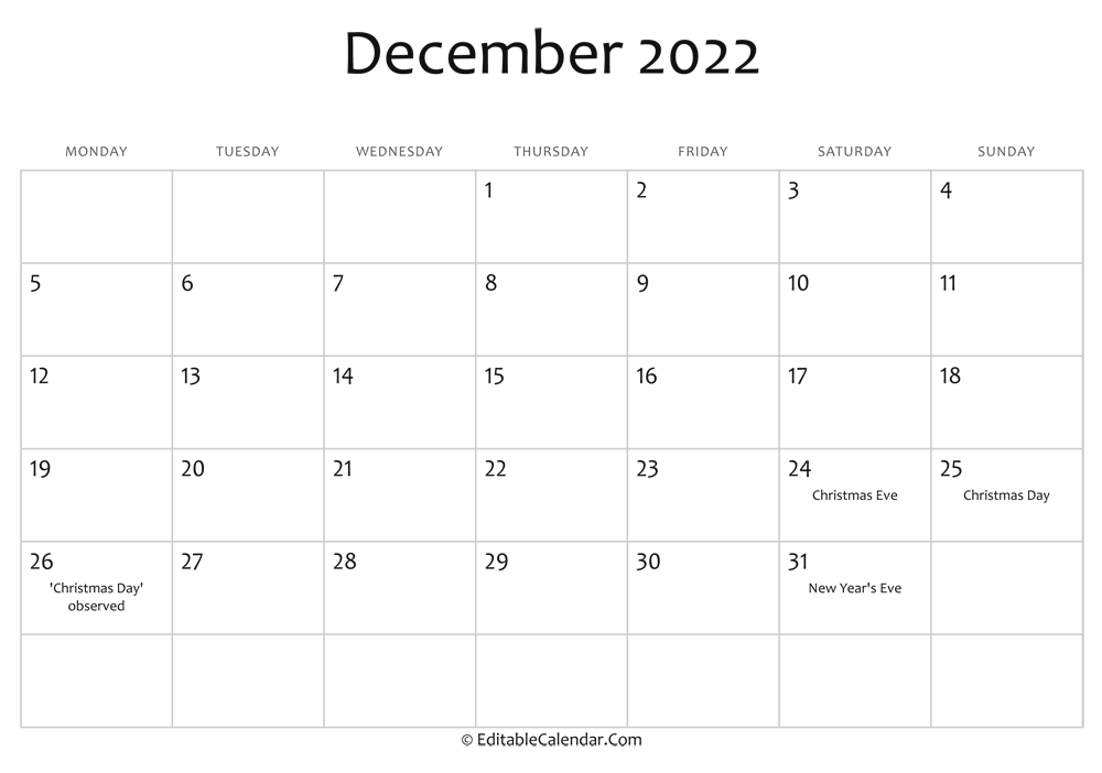 december 2022 printable calendar holidays