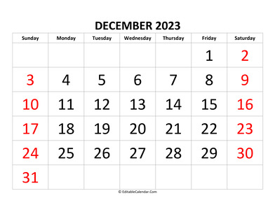 december 2023 calendar editable