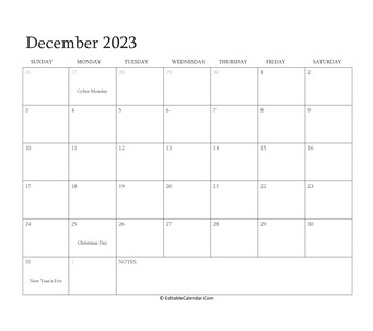 december 2023 editable calendar with holidays