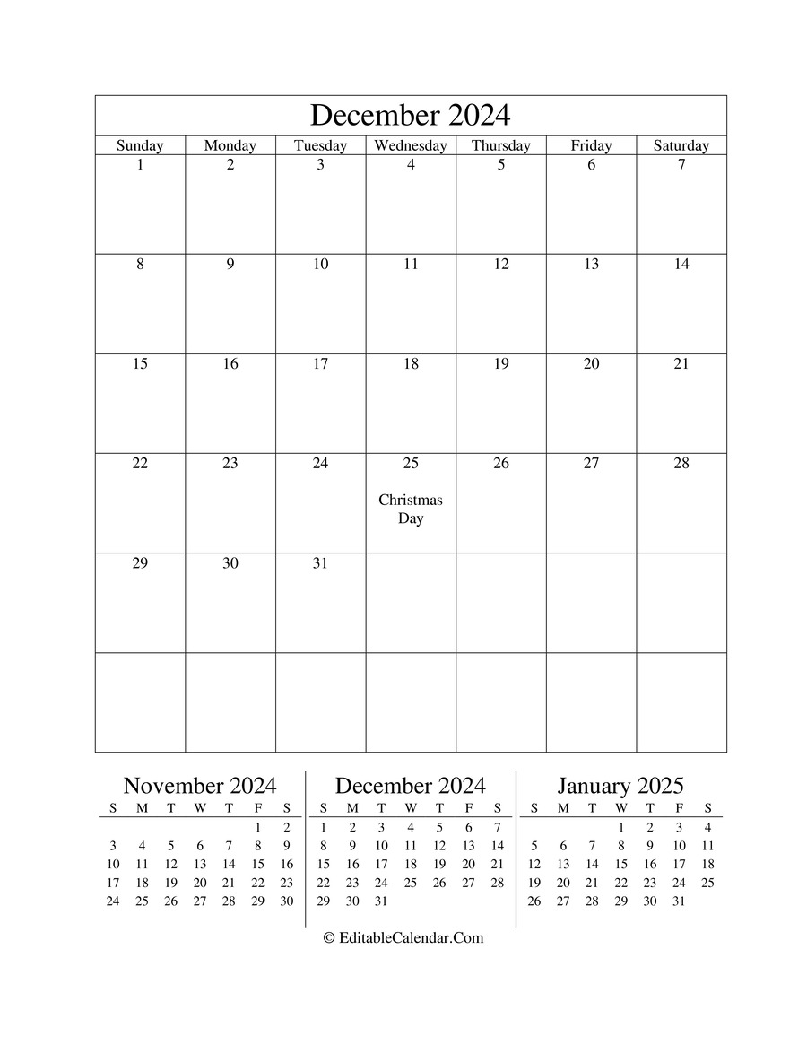 Editable Calendar December 2024