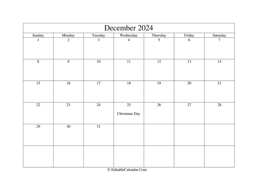 Editable Calendar December 2024