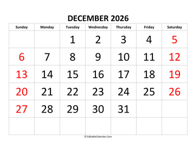 december 2026 calendar editable