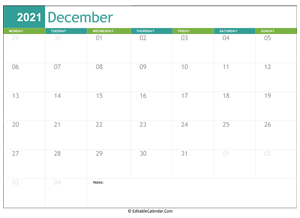 december calendar 2021 printable