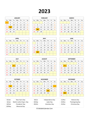 editable 2023 calendar with holidays