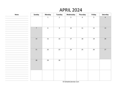 editable april 2024 calendar with notes
