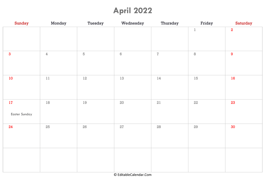 editable calendar april 2022