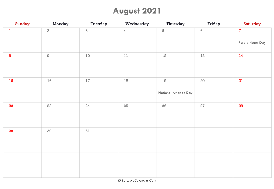 editable calendar august 2021