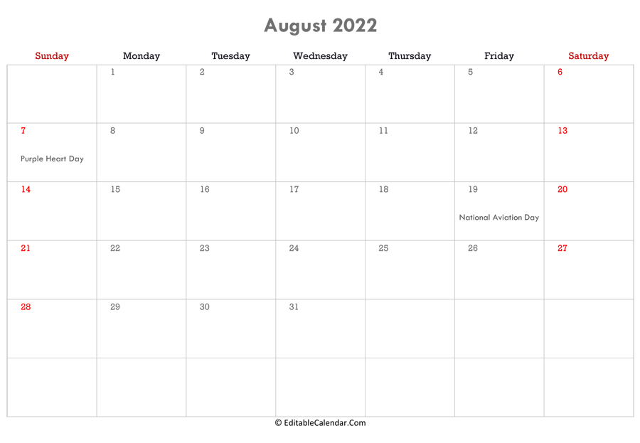 National Calendar August 2022 Editable Calendar August 2022