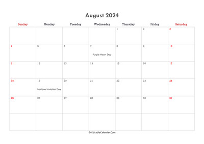 Editable Calendar August 2024