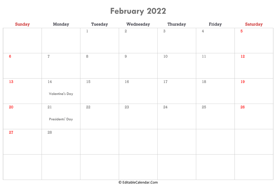 Editable Printable Calendar 2022 Editable Calendar February 2022