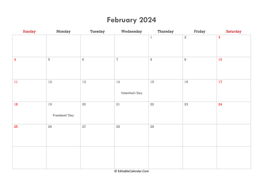 Download Editable Calendar February 2024 (PDF Version)