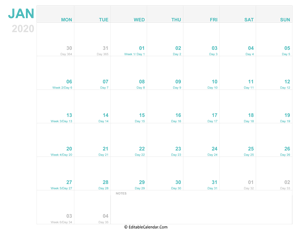 editable calendar january 2020