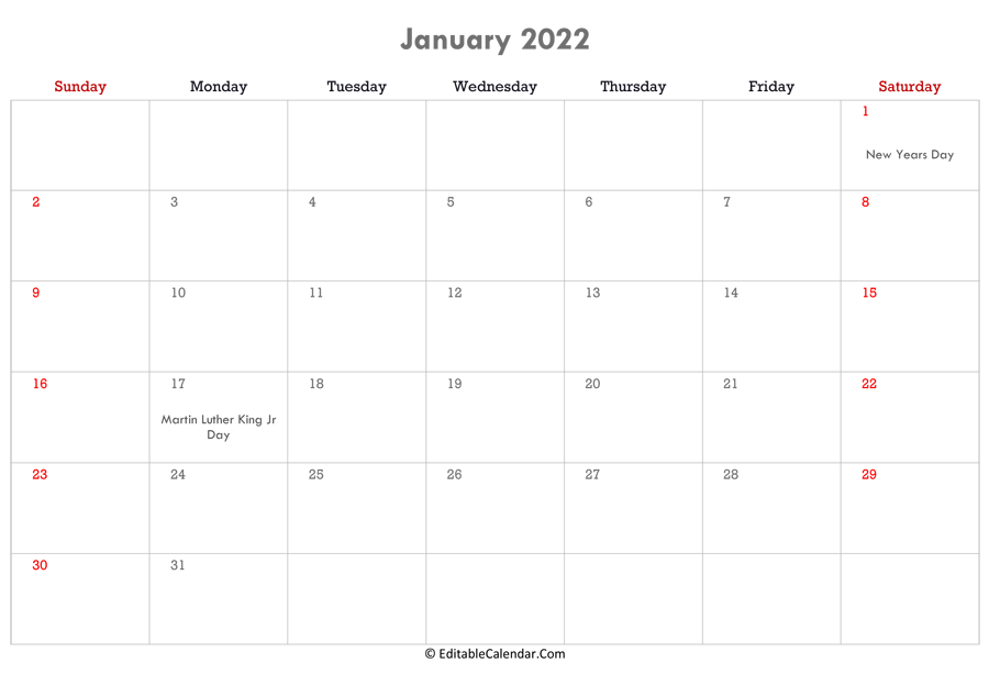 Editable January 2022 Calendar Editable Calendar January 2022