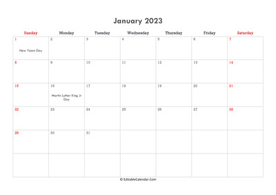 editable calendar january 2023 with notes