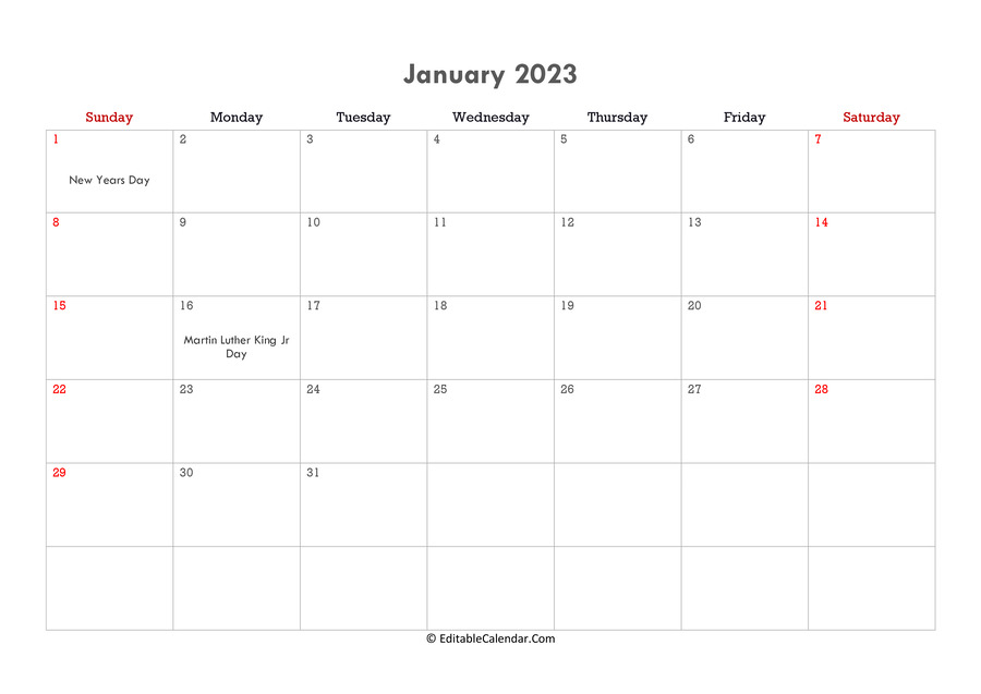 editable calendar january 2023