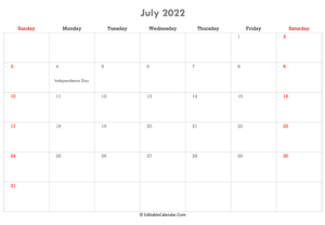 editable calendar july 2022 with notes