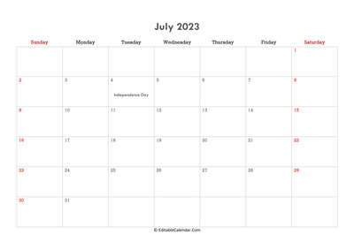 editable calendar july 2023 with notes