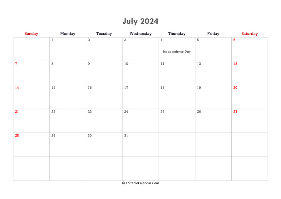 Editable Calendar July 2024 Free Fleur Jessika