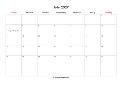 editable calendar july 2027 with notes