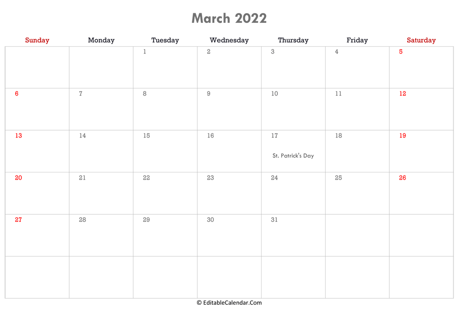 March 2022 Editable Calendar Editable Calendar 2022, 2023