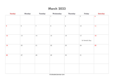 editable calendar march 2023 with notes