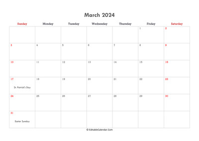 editable calendar march 2024 with notes