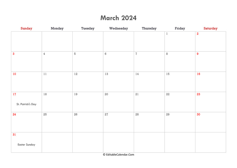 Download Editable Calendar March 2024 (Word Version)