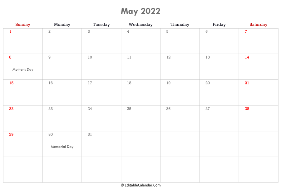 Editable May 2022 Calendar Editable Calendar May 2022