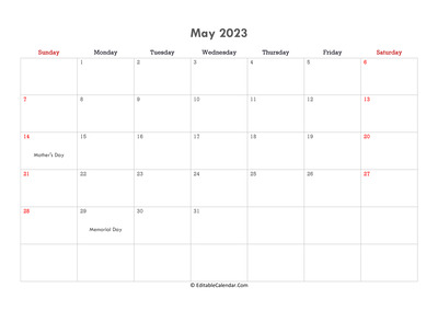 editable calendar may 2023