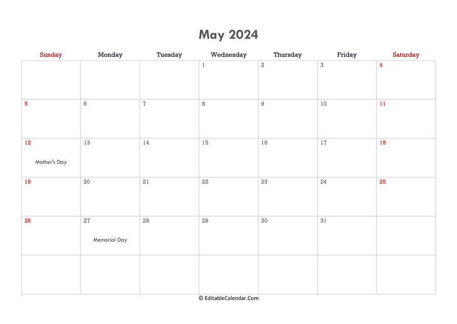2024 May Calendar Word Document Template Printable 2024 Calendar By Month