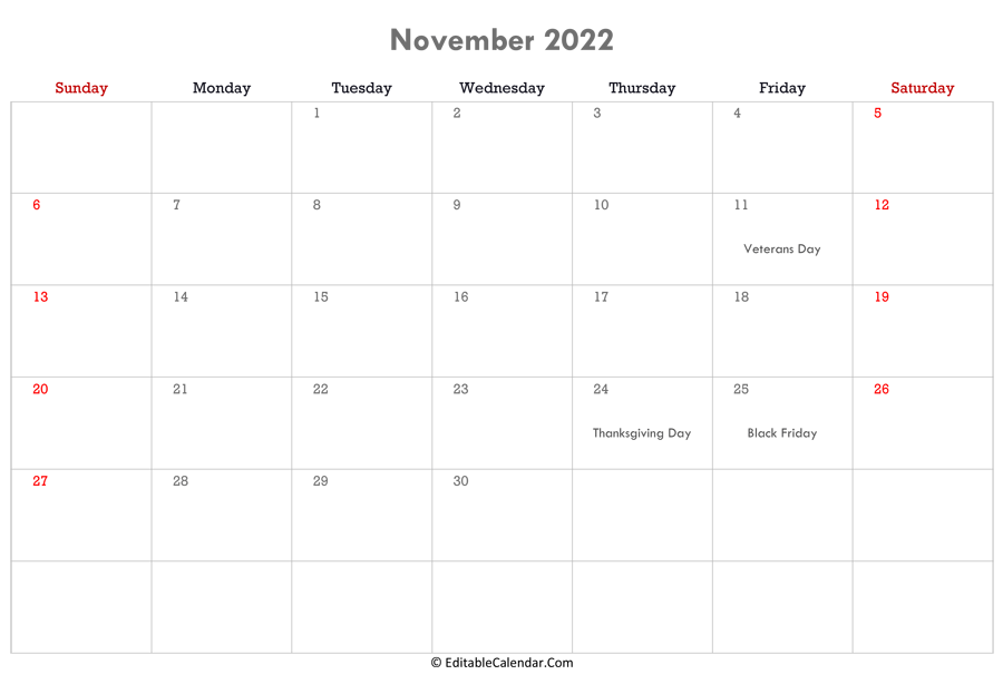 Fillable Calendar November 2022 Editable Calendar November 2022
