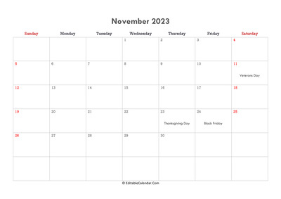 editable calendar november 2023 with notes