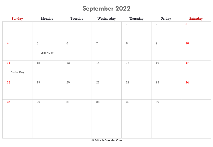 editable calendar september 2022