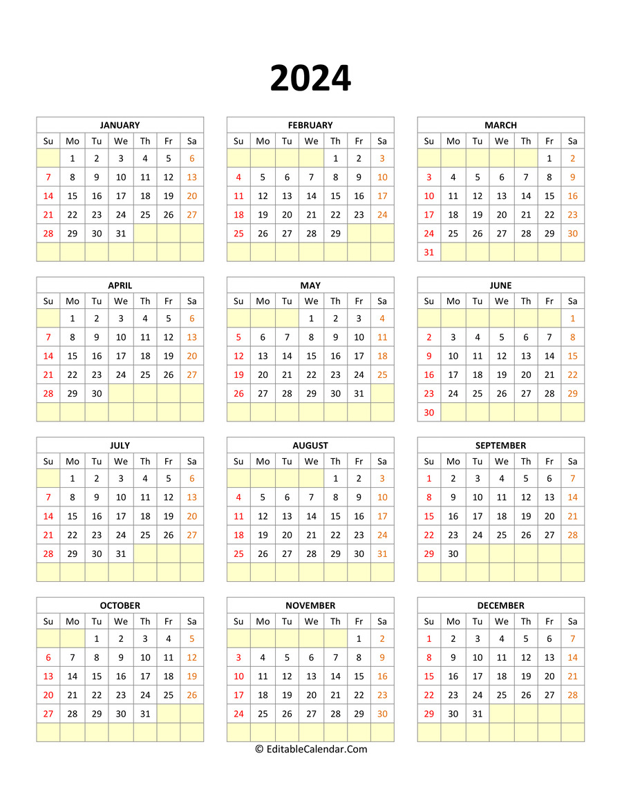 2024 Yearly Calendar Template Word Editable Calendar Marni Sharron