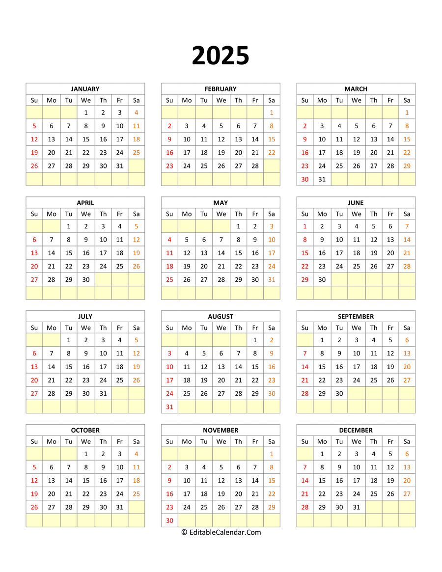 Editable Calendar Template 2025