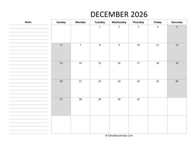 editable december 2026 calendar with sidebar notes