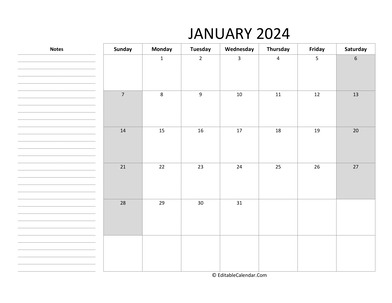 editable january 2024 calendar with notes