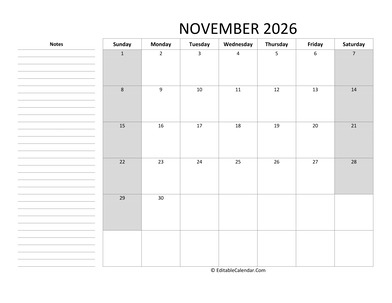 editable november 2026 calendar with sidebar notes