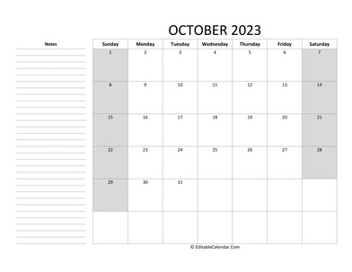 editable october 2023 calendar with notes
