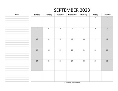 editable september 2023 calendar with notes