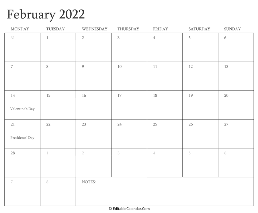 Editable 2022 Calendar February 2022 Editable Calendar With Holidays