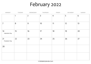 february 2022 printable calendar holidays