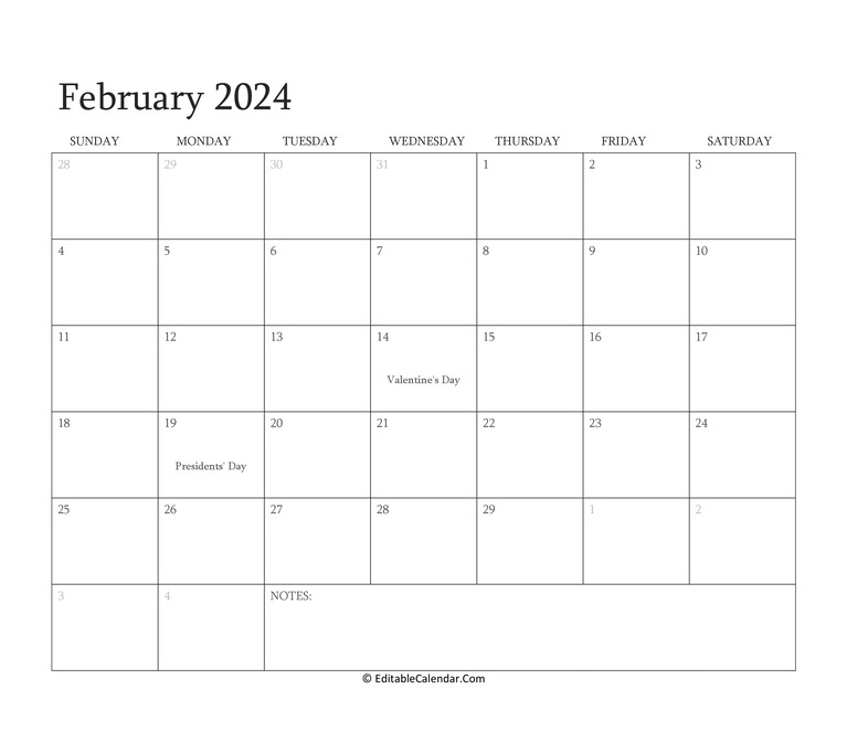 Download February 2024 Editable Calendar With Holidays (PDF Version)