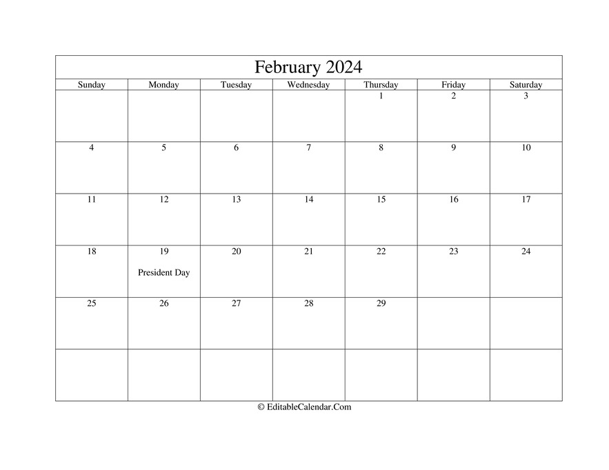 Download February 2024 Printable Calendar Holidays (Word Version)