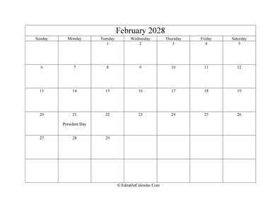 february 2028 printable calendar holidays