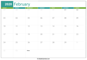 february calendar 2020 printable