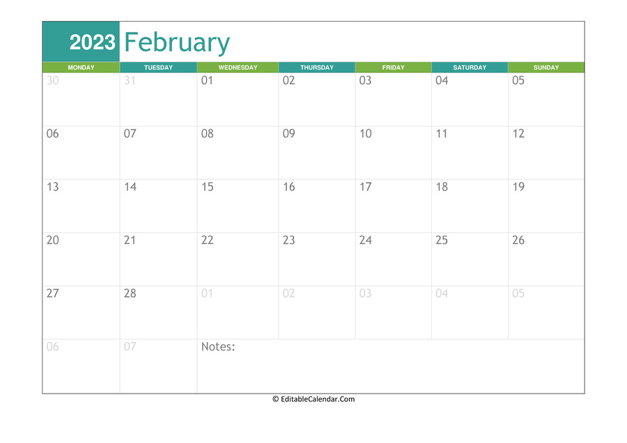 Editable Calendar February 2023