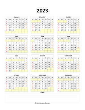 fillable calendar 2023 with notes