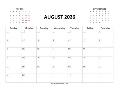 fillable calendar august 2026 with holidays