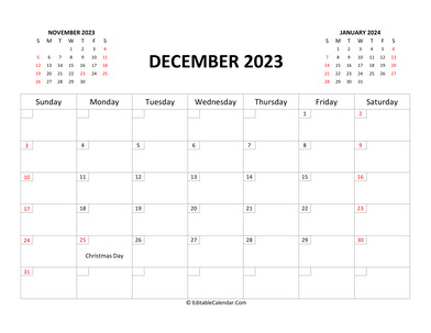 fillable calendar december 2023 with holidays